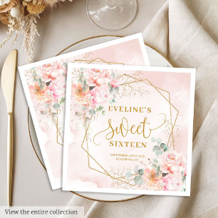 Elegant Blush Pink and Gold Floral Sweet Sixteen Napkin
