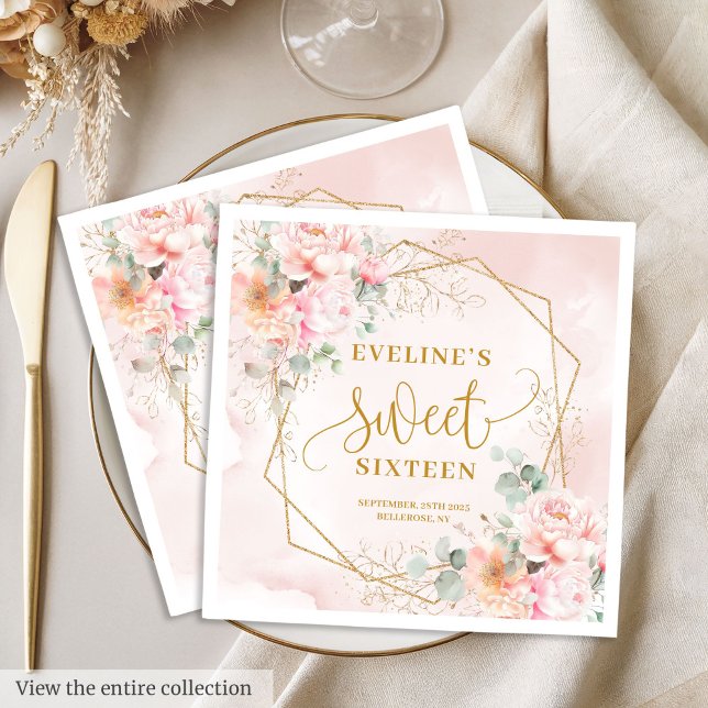 Elegant Blush Pink and Gold Floral Sweet Sixteen  Napkin (Elegant Blush Pink and Gold Floral Sweet Sixteen Napkins)