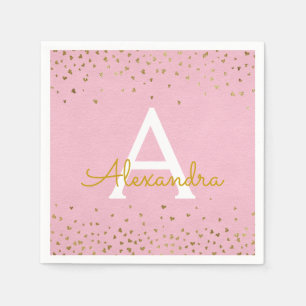 Elegant Blush Pink and Gold Foil Confetti Monogram Napkin