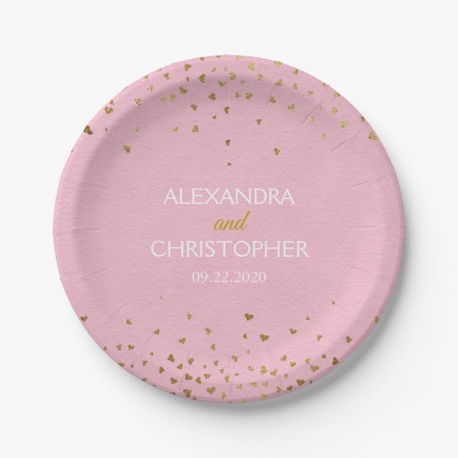 Elegant Blush Pink and Gold Foil Confetti Wedding Paper Plate (Front)