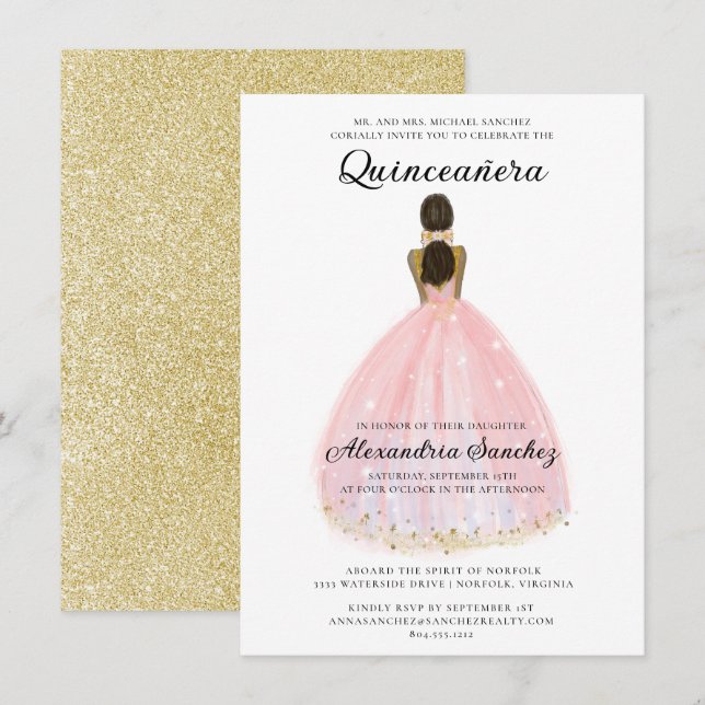 Elegant Blush Pink and Gold Glitter Quinceanera   Invitation (Front/Back)
