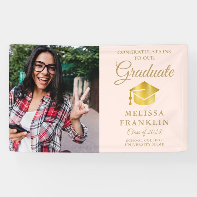 Elegant Blush Pink And Gold Photo Graduation Banne Banner (Horizontal)