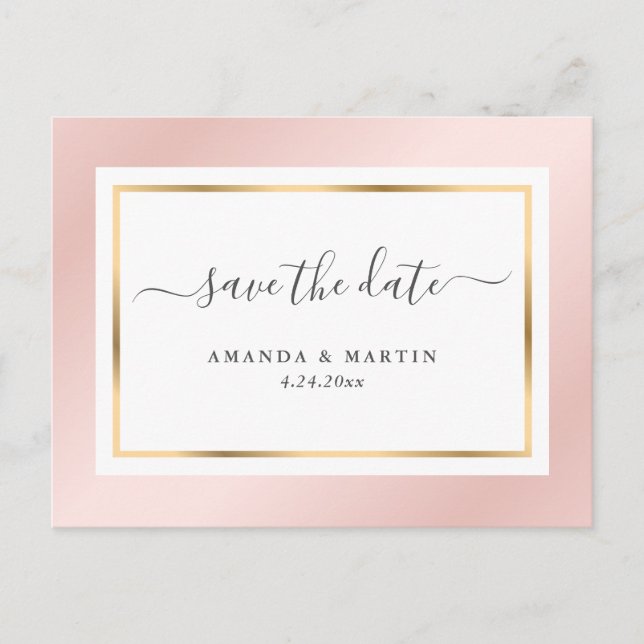 Elegant Blush Pink and Gold Wedding Save The Date Announcement Postcard (Front)