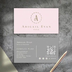 Elegant Blush Pink and Grey Glitter Gold Monogram Business Card
