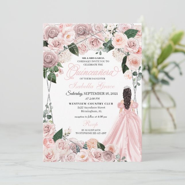 Elegant Blush Pink and Silver Floral Quinceanera I Invitation (Standing Front)