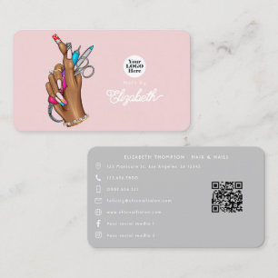Elegant Blush Pink and Silver Nail Salon Business Card