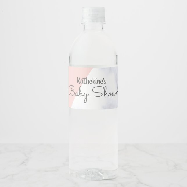 Elegant blush pink and white marble baby shower water bottle label (Front)