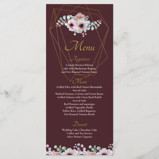 Elegant Blush Pink Anemone Floral Geometric Frames Menu (Front)