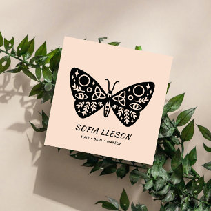 Elegant Blush Pink & Black Butterfly Aesthetician Square Business Card