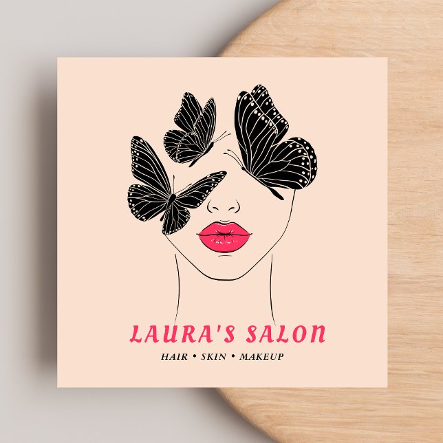 Elegant Blush Pink & Black Butterfly Women Beauty  Square Business Card (Creator Uploaded)