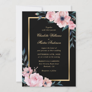 Elegant Blush Pink Black Gold Floral Wedding Invitation