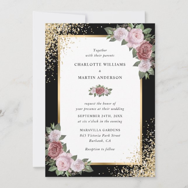 Elegant Blush Pink Black Gold Floral Wedding Invitation (Front)