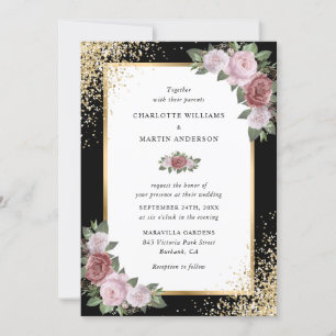Elegant Blush Pink Black Gold Floral Wedding Invitation