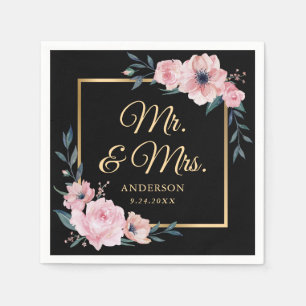 Elegant Blush Pink Black Gold Floral Wedding Napkin
