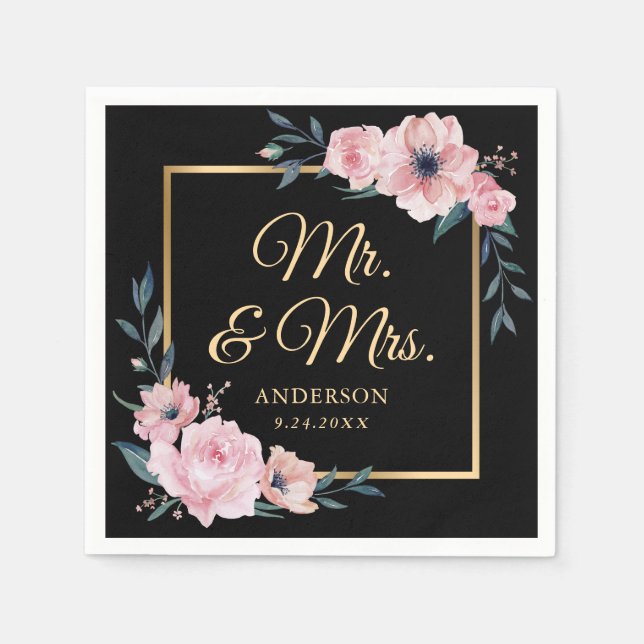 Elegant Blush Pink Black Gold Floral Wedding Napkin (Front)