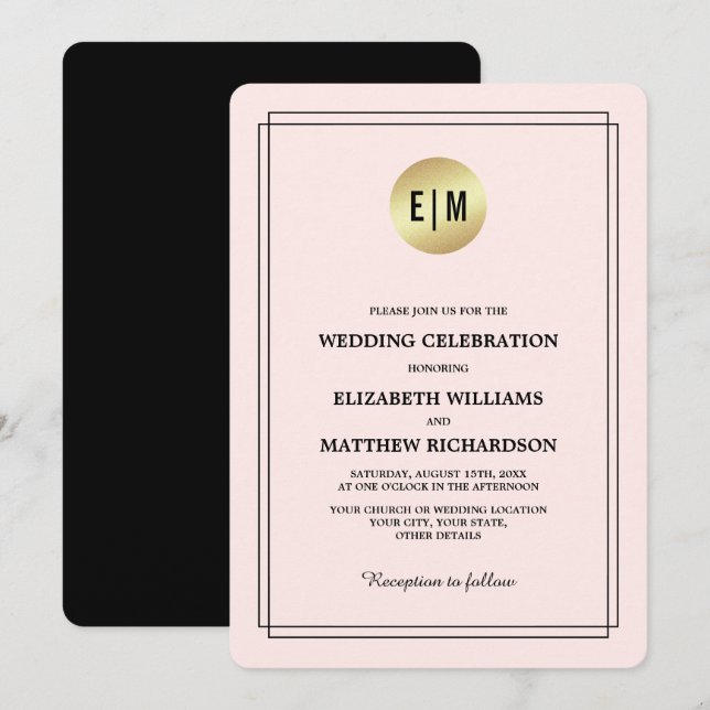 Elegant Blush Pink | Black | Gold Foil Wedding Invitation (Front/Back)