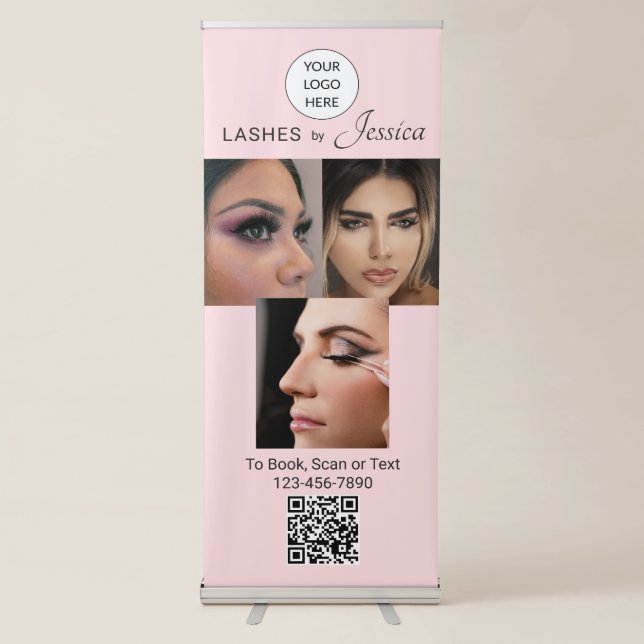 Elegant Blush Pink Black Script 3 Photo Lashes Retractable Banner (Front)