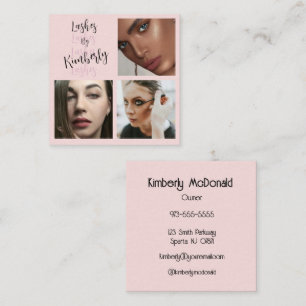 Elegant Blush Pink Black Script 3 Photo Lashes Square Business Card