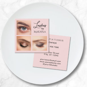 Elegant Blush Pink Black Script 3 Photo Lashes  Square Business Card