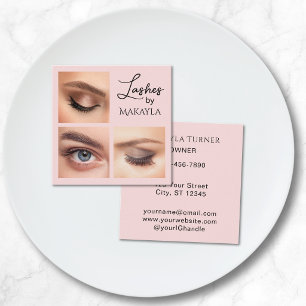 Elegant Blush Pink Black Script 3 Photo Lashes  Square Business Card