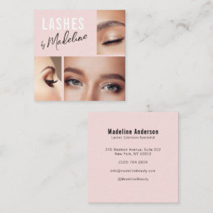 Elegant Blush Pink Black Script 3 Photo Lashes Square Business Card