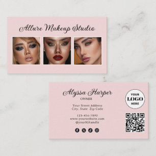 Elegant Blush Pink Black Script 3 Photo Makeup Business Card