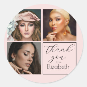 Elegant Blush Pink Black Script 3 Photo Makeup Classic Round Sticker