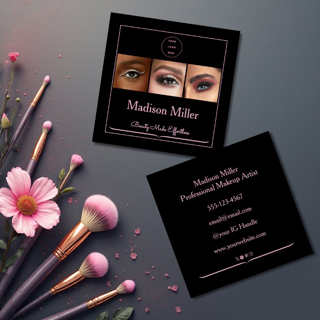 Elegant Blush Pink Black Script 3 Photo Makeup Squ Square Business Card (Creator Uploaded)
