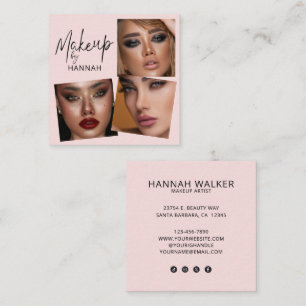 Elegant Blush Pink Black Script 3 Photo Makeup Square Business Card