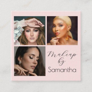 Elegant Blush Pink Black Script 3 Photo Makeup Square Business Card