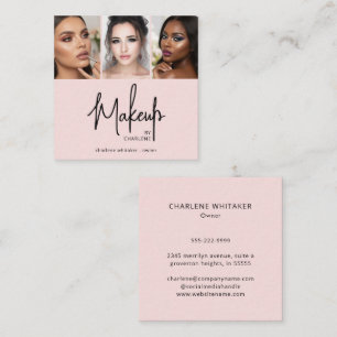 Elegant Blush Pink Black Script 3 Photo Makeup Square Business Card