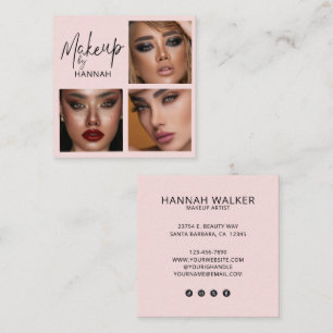 Elegant Blush Pink Black Script 3 Photo Makeup Square Business Card