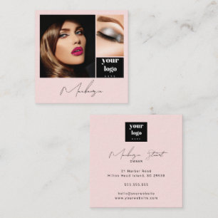 Elegant Blush Pink Black Script 3 Photo Makeup Square Business Card