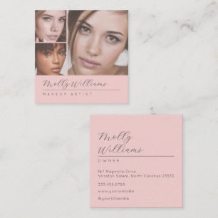 Elegant Blush Pink Black Script 3 Photo Makeup Square Business Card