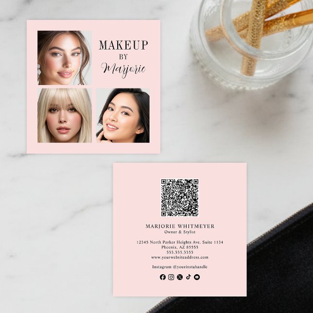 Elegant Blush Pink Black Script 3 Photo Makeup Square Business Card (modern black blush pink script 3 photo makeup square business card elegant minimalist simple)