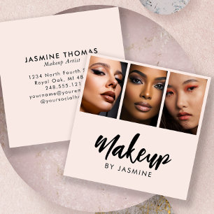 Elegant Blush Pink Black Script 3 Photo Makeup Square Business Card
