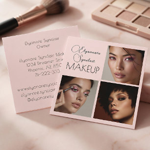Elegant Blush Pink Black Script 3 Photo Makeup Square Business Card