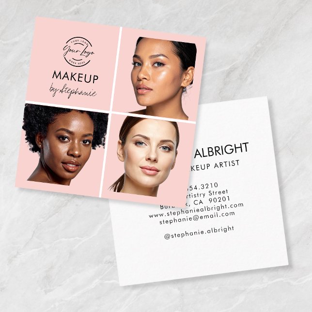 Elegant Blush Pink Black Script 3 Photo Makeup Square Business Card (Creator Uploaded)