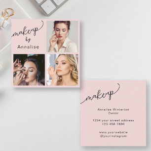 Elegant Blush Pink Black Script 3 Photo Makeup Square Business Card