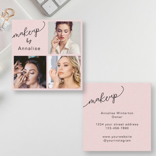 Elegant Blush Pink Black Script 3 Photo Makeup Square Business Card (Creator Uploaded)