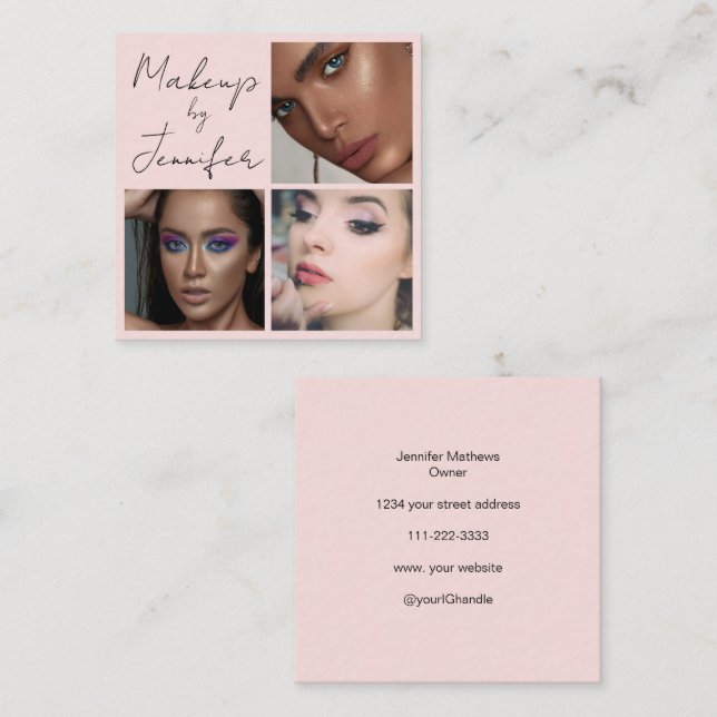 Elegant Blush Pink Black Script 3 Photo Makeup Square Business Card (Front/Back)