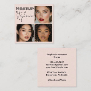 Elegant Blush Pink Black Script 3 Photo Makeup Square Business Card