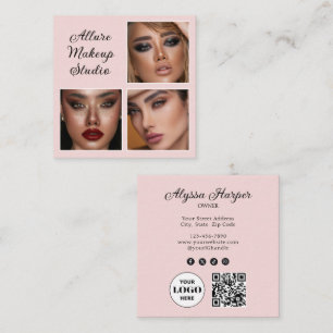 Elegant Blush Pink Black Script 3 Photo Makeup Square Business Card