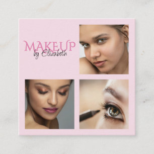 Elegant Blush Pink Black Script 3 Photo Makeup Square Business Card