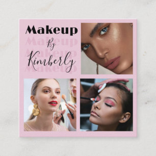 Elegant Blush Pink Black Script 3 Photo Square Business Card