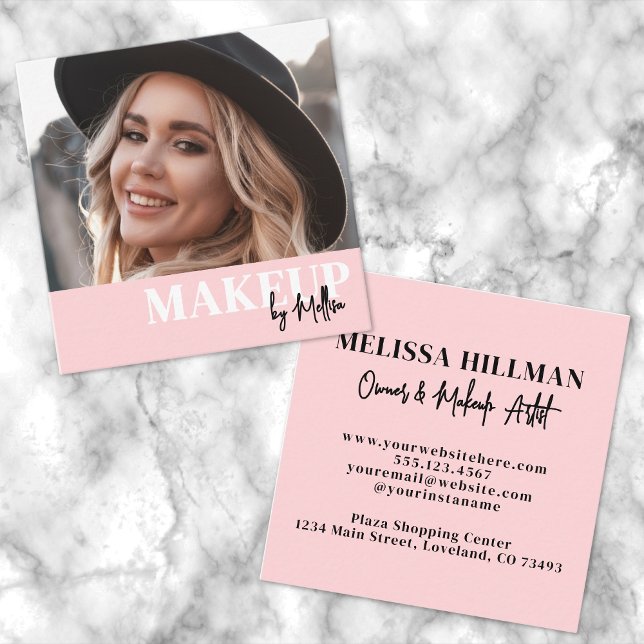 Elegant Blush Pink Black Script Photo Makeup Square Business Card (Elegant Blush Pink Black Script Photo Makeup Square Business Card)