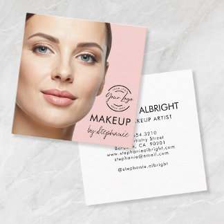 Elegant Blush Pink Black Script Photo Makeup Square Business Card