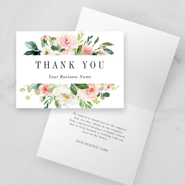 Elegant Blush Pink Bloom Business Folded Thank You (Front & Inside)