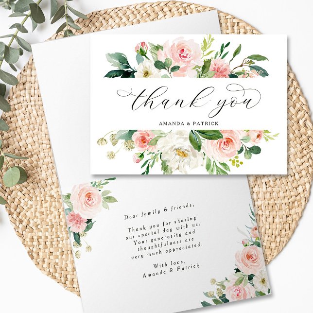 Elegant Blush Pink Bloom Wedding Folded Thank You Card (Front & Inside)