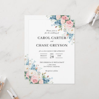 Elegant Blush Pink & Blue Floral Wedding Invitation